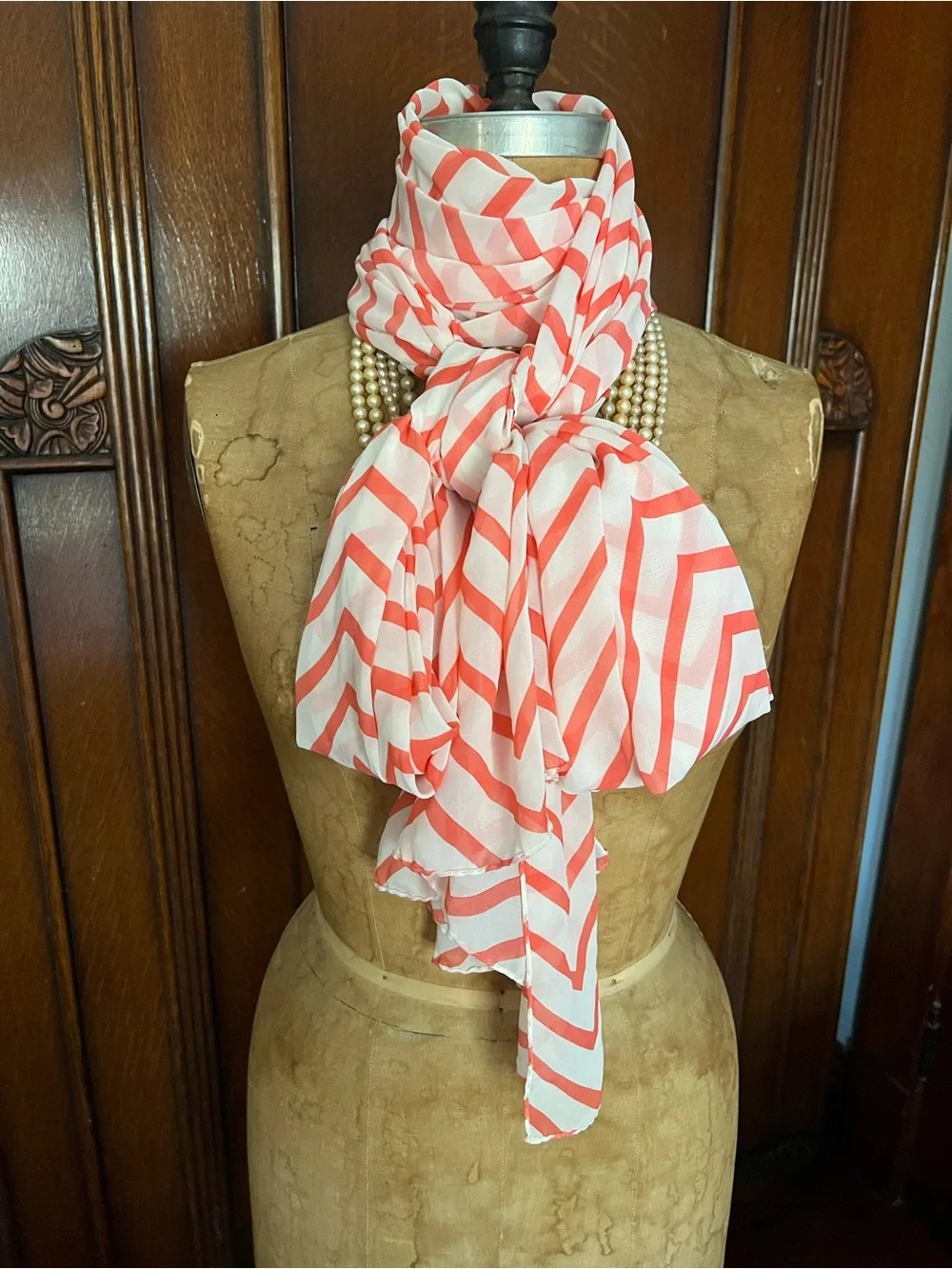Handmade Women's Chevron Wrap Scarf Sarong Cover Up Coral & White 110”L X 28”W